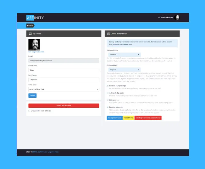 Affinity member dashboard